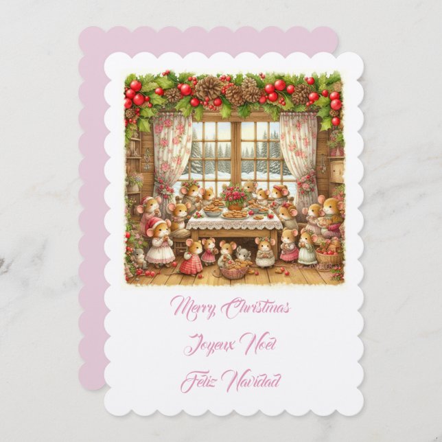 Fröhliche Weihnachts-Familienmäuse-Illustration Einladung (Vorne/Hinten)