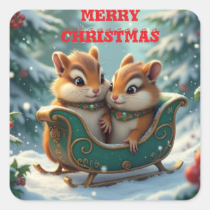 Fröhliche Weihnachts-Streifenhörnchen Quadratischer Aufkleber