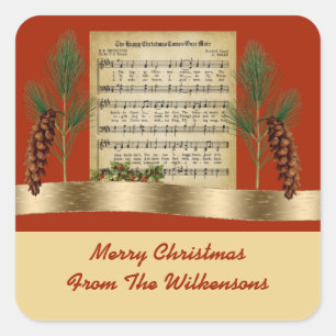 Fröhliche Weihnachts-Vintage-Musik mit Kiefernzwei Quadratischer Aufkleber