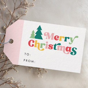 Fröhliche Weihnachtsbäume bunter Retro-Schriftart  Geschenkanhänger