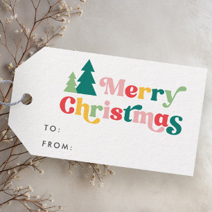 Fröhliche Weihnachtsbäume bunter Retro-Schriftart  Geschenkanhänger