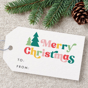 Fröhliche Weihnachtsbäume bunter Retro-Schriftart Geschenkanhänger