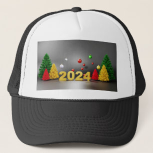 Fröhliche Weihnachtsbäume mit gedrucktem Bild des Truckerkappe