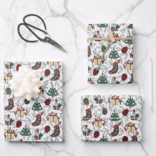 Fröhliche Weihnachtsbäume Xmas Kerzen Vintage Geschenkpapier Set