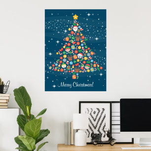 Fröhliche Weihnachtsbaummuster auf Blue Poster