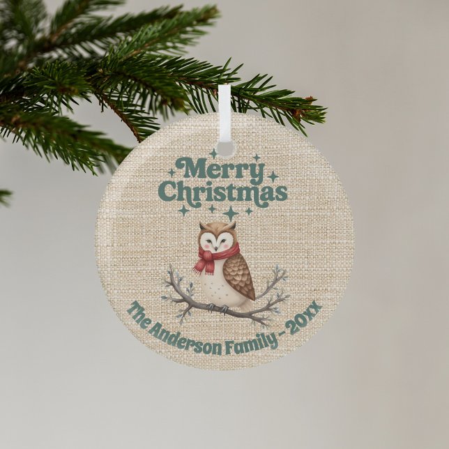 Fröhliche Weihnachtsbeige niedliche Eule grün Ornament Aus Glas (Von Creator hochgeladen)