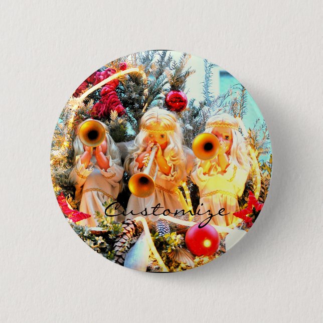 fröhliche Weihnachtsengel trompelnd Button (Vorderseite)
