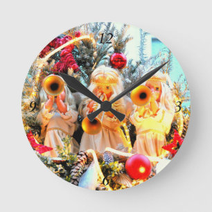 fröhliche Weihnachtsengel trompelnd Runde Wanduhr