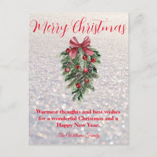 fröhliche Weihnachtsgrün Deko mit weißem Schnee Postkarte