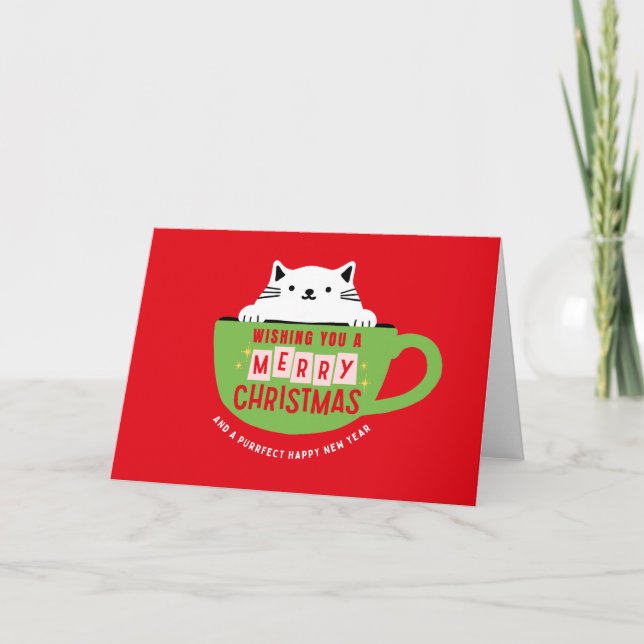 Fröhliche Weihnachtskatze In Teacup Weihnachtskart Feiertagskarte (Vorderseite)