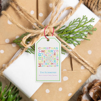 Fröhliche Weihnachtstypografie in hellen und bunte Geschenkanhänger