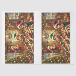 Fröhliche Weihnachtswerkstatt mit Elfen beim Spiel Seidenpapier