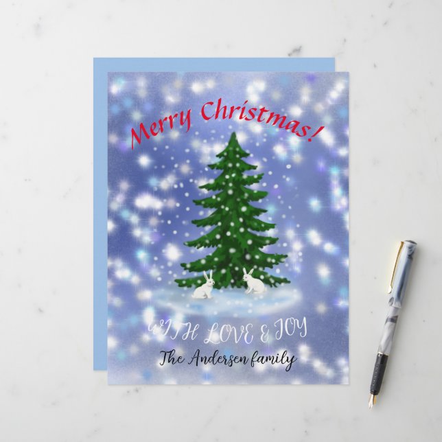 Fröhliche weiße Weihnachtsbunnies unter einer Fich Briefbogen (Vorderseite/Rückseite Beispiel)