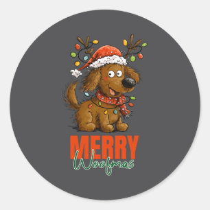 Fröhliche Woofmas Hund Süße Weihnachtslichter Welp Runder Aufkleber