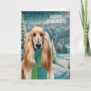 Fröhlicher Afghanen-Windhundhund in Winter-Schal Feiertagskarte