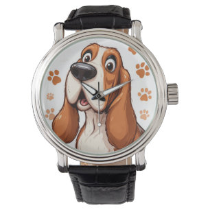 Fröhlicher Basset Hund mit Orange Pawprints Armbanduhr