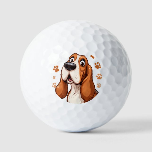 Fröhlicher Basset Hund mit Orange Pawprints Golfball (Vorderseite)