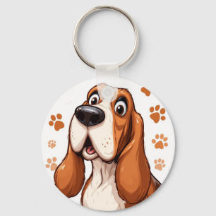 Fröhlicher Basset Hund mit orangen Pfotenabdrücken Schlüsselanhänger