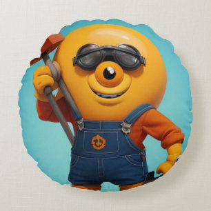 Fröhlicher Baumeister – Gelber Held mit Hammer   Rundes Kissen