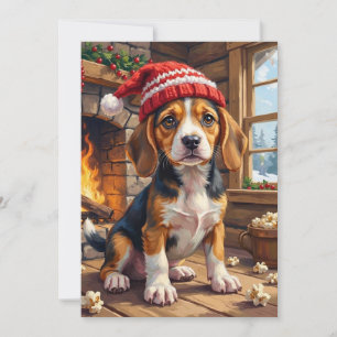 Fröhlicher Beagle-Welpe in Strickmütze kuschelig Feiertagskarte