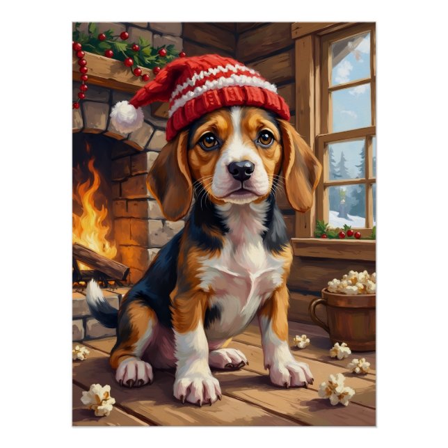 Fröhlicher Beagle-Welpe in Strickmütze kuschelig Poster (Vorderseite)