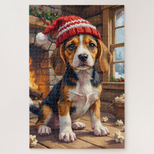 Fröhlicher Beagle-Welpe in Strickmütze kuschelig Puzzle
