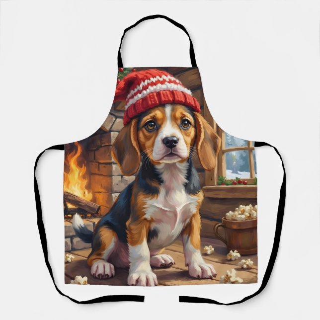 Fröhlicher Beagle-Welpe in Strickmütze kuschelig Schürze (Vorderseite)