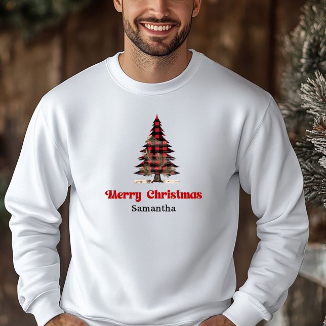 Fröhlicher benutzerdefinierter Name Buffalo Karo T Hoodie (Merry Custom Name Buffalo Plaid Tree Holiday Hoodie)