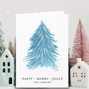 Fröhlicher blauer Weihnachtsbaum Wasserfarbenzeich Feiertagskarte