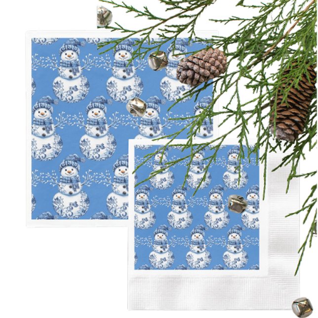 Fröhlicher blauer weißer glücklicher Schneemann  Serviette (Jolly snowmen party napkins!)