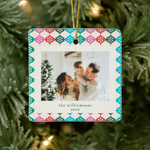 Fröhlicher Bunter Retro-Schneeflocken-Familienfoto Keramikornament