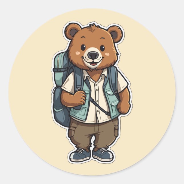 Fröhlicher Cartoon-Bär mit Rucksack Runder Aufkleber (Vorderseite)