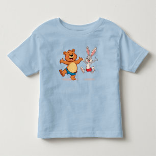 Fröhlicher Cartoon-Bär und Hase tanzen voller Freu Kleinkind T-shirt