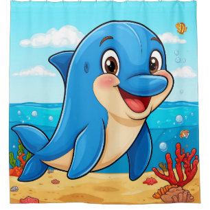 Fröhlicher Cartoon-Delfin unter Wasser Duschvorhang