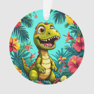 Fröhlicher Cartoon Dinosaurier mit tropischen Blum Ornament