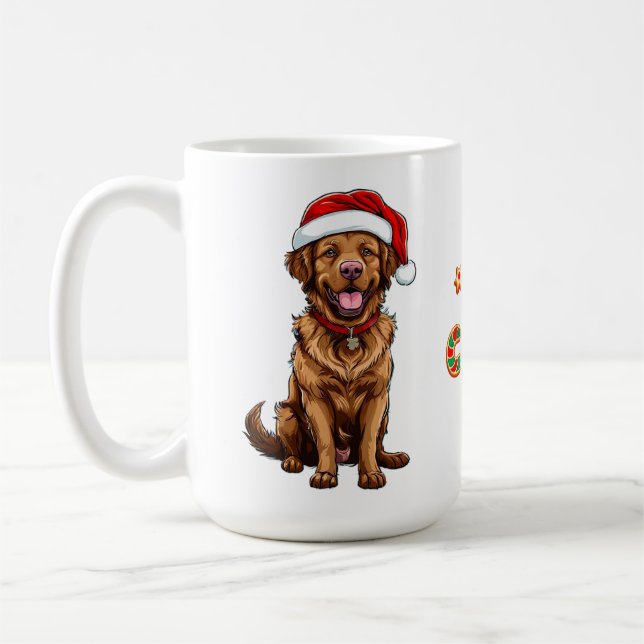 Fröhlicher Cartoon Dog Tragen einer Weihnachtsmann Kaffeetasse (Links)
