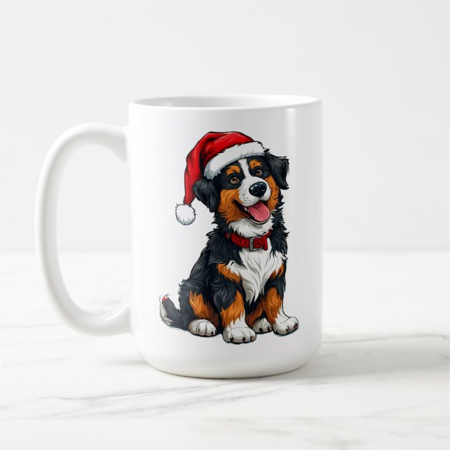 Fröhlicher Cartoon Dog Tragen einer Weihnachtsmann Kaffeetasse (Links)