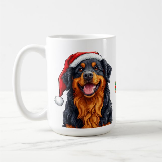 Fröhlicher Cartoon Dog Tragen einer Weihnachtsmann Kaffeetasse (Links)