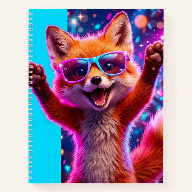 Fröhlicher Cartoon-Fuchs mit leuchtend orangefarbe Notizbuch (Vorderseite)