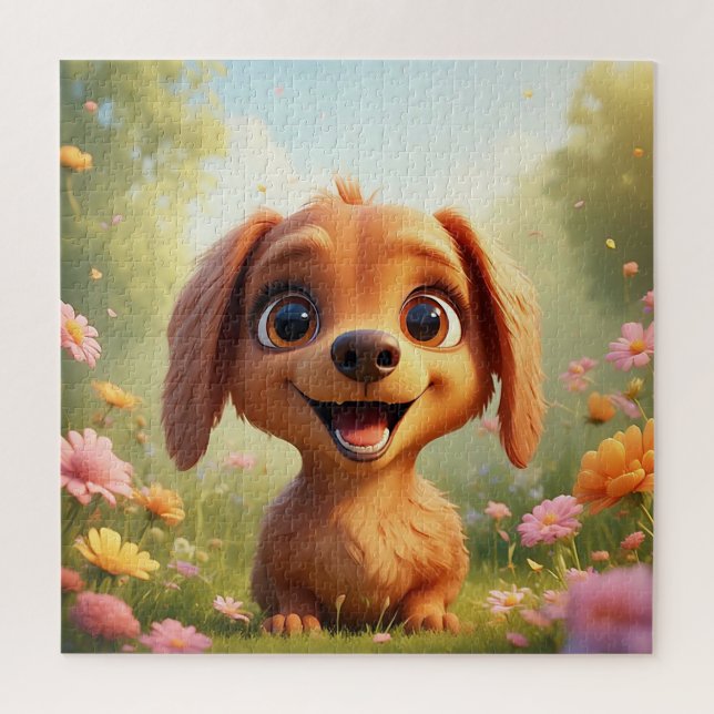 Fröhlicher Cartoon-Hund in einer Blume Puzzle (Vertikal)