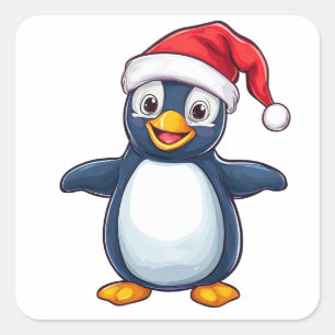 Fröhlicher Cartoon-Pinguin mit Santa-Hut Quadratischer Aufkleber