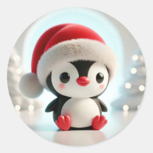 Fröhlicher Cartoon-Pinguin mit Weihnachtsmannmütze Runder Aufkleber