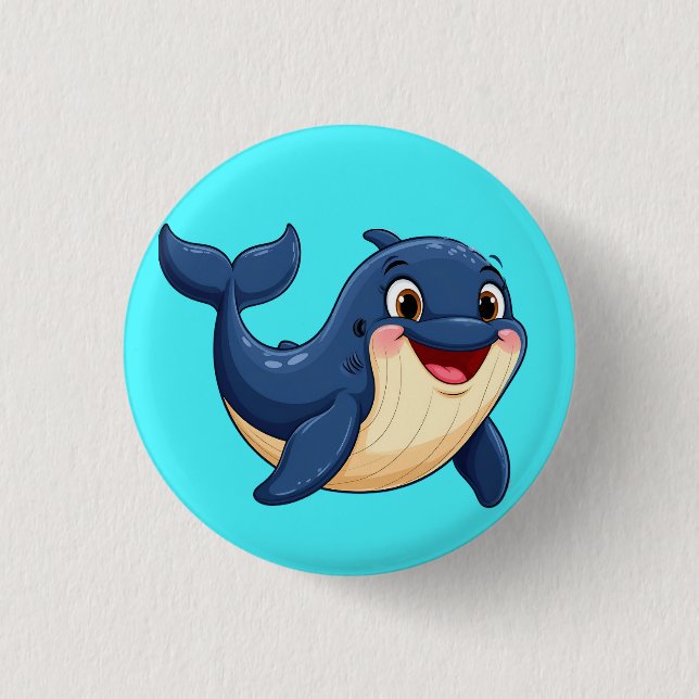 Fröhlicher Cartoon-Wal Schwimmen Button (Vorderseite)