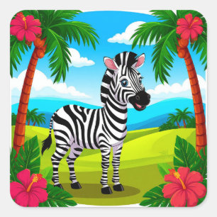 Fröhlicher Cartoon Zebra in einer tropischen Lands Quadratischer Aufkleber