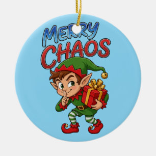 Fröhlicher Chaos-Weihnachtself Keramik Ornament