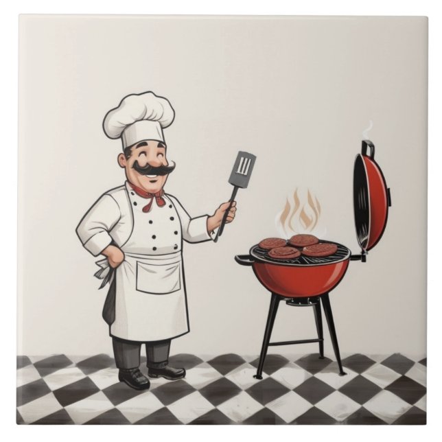 Fröhlicher Chef Burger: Koch grillt Hamburger auf  Fliese (Vorderseite)