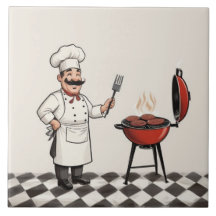 Fröhlicher Chef Burger: Koch grillt Hamburger auf