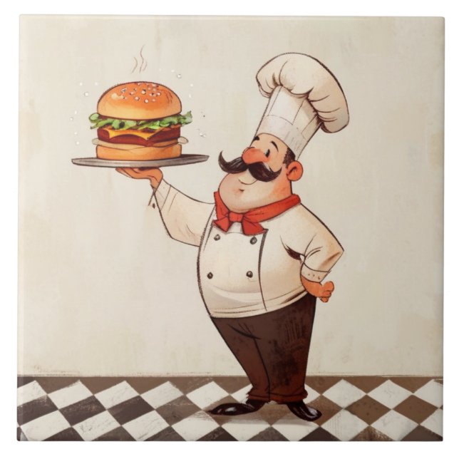 Fröhlicher Chef Burger: Koch präsentiert Hamburger Fliese (Vorderseite)