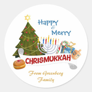 Fröhlicher Chrismukkah-Weihnachtsbaum mit Menora Runder Aufkleber