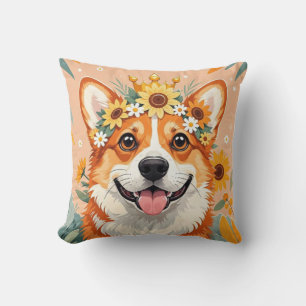 Fröhlicher Corgi-Hund mit Kranz aus Gänseblümchen Kissen